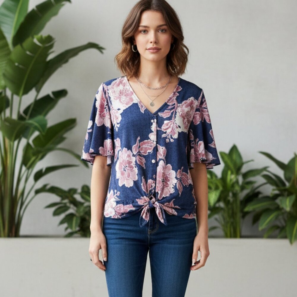 Emi & Joe M Top Blue Purple Floral Flutter Cottage Boho Coquette Bloom Soft Girl